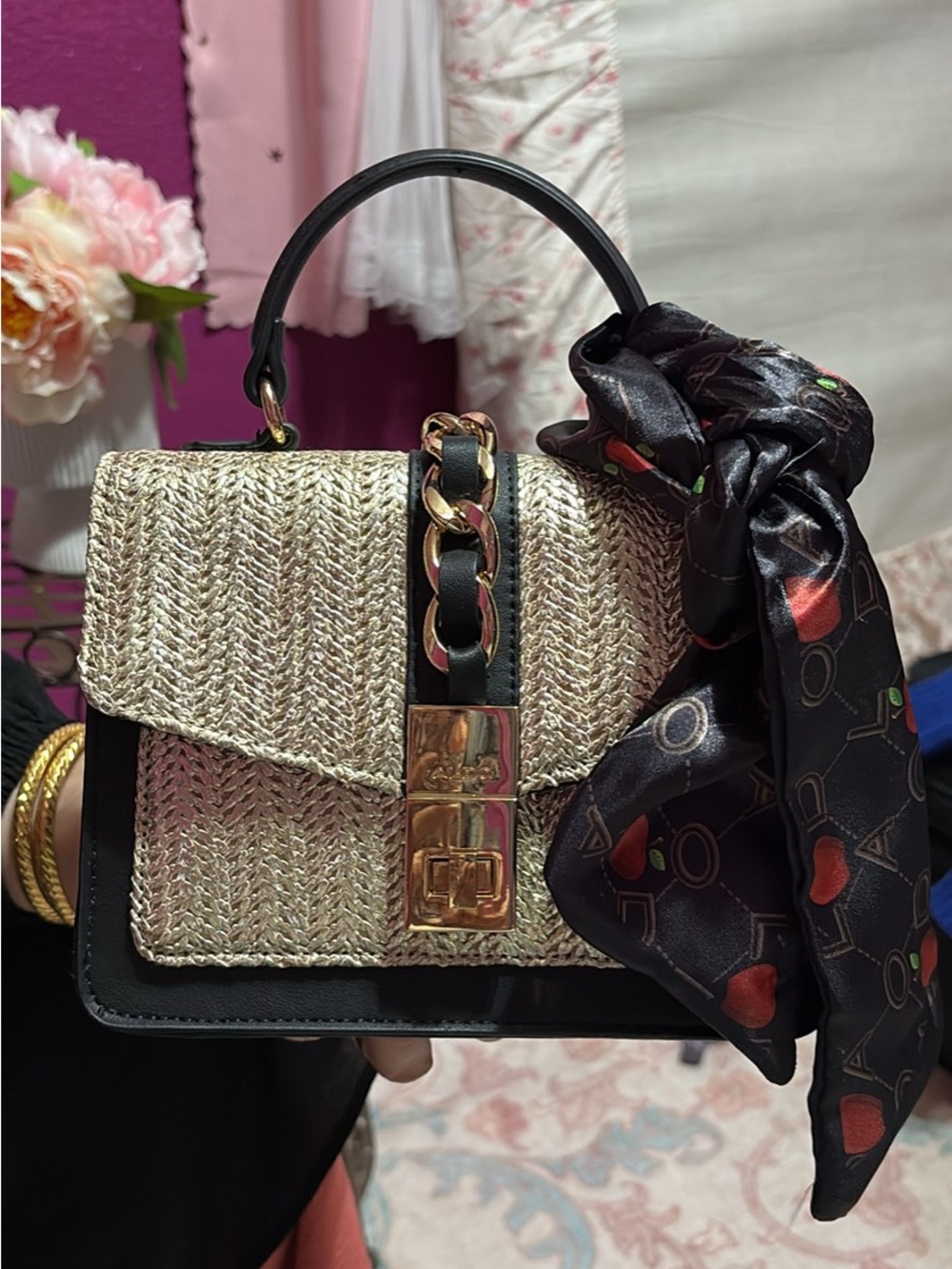 Aldo Black and Natural Straw Top Handle Satchel with Gold Chain Accent